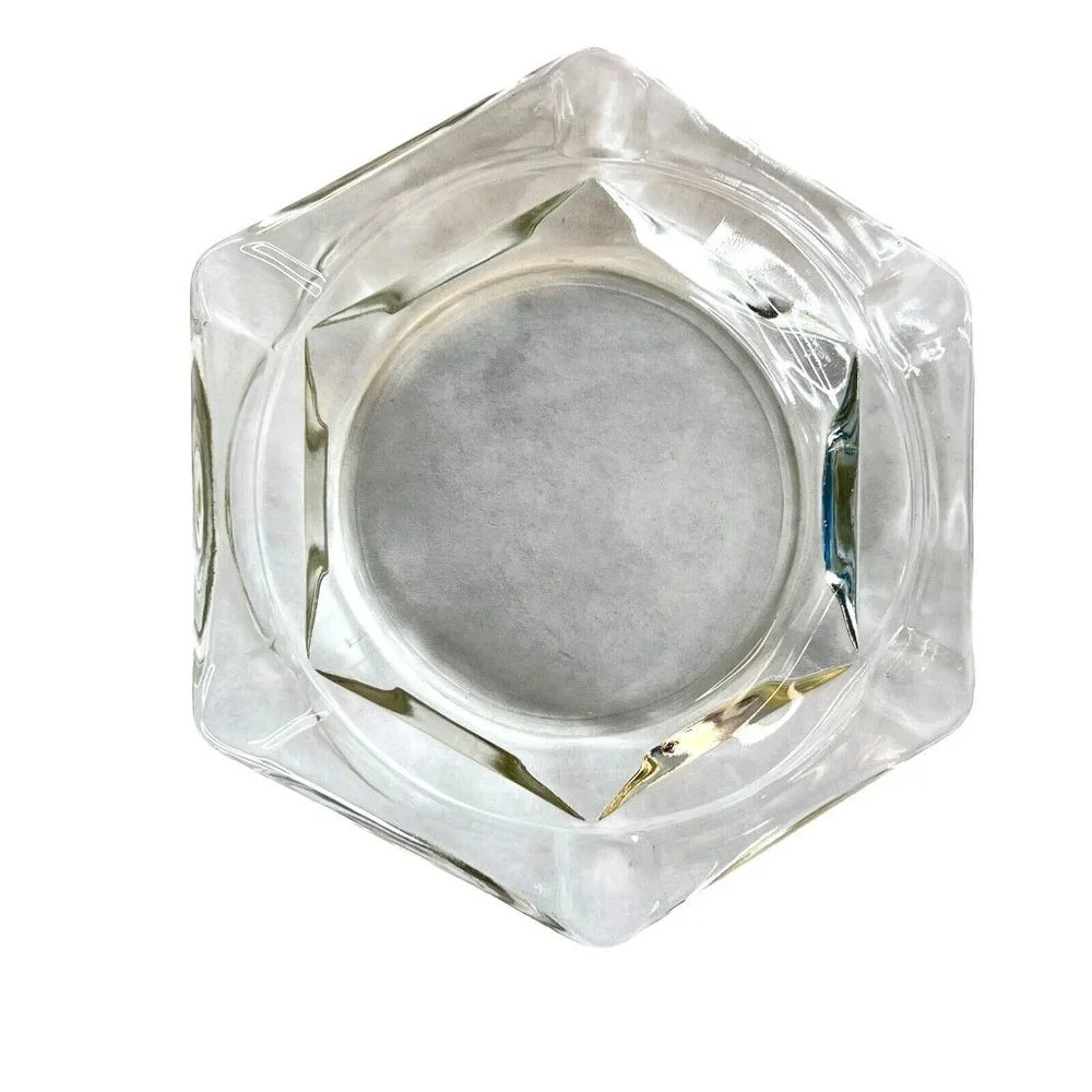 Heavy Clear Glass Cigar‎ Ashtray Hexagon 6 Sides Slots 8.5 Inch MCM Vintage